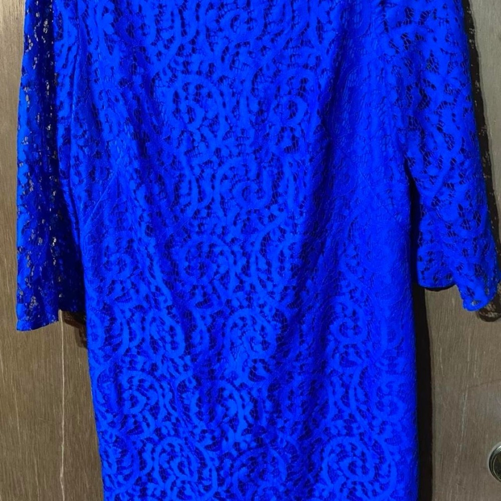 Blue lace dress with 3/4 sleeves and zipper back. Size: 12
